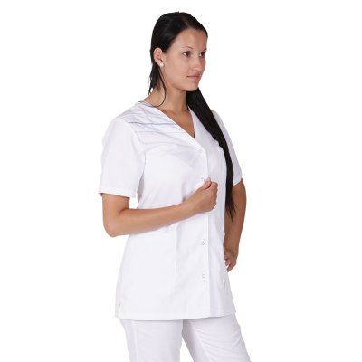 TDX Halena dámská propínací LÝDIE, BA/PES, VS168, bílá/2světle modré+1středně modrá výpustka - Dámská pracovní zdravotnická halena LÝDIE - bílá