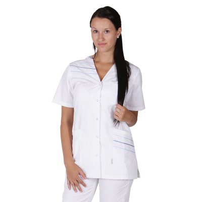 TDX Halena dámská propínací LÝDIE, BA/PES, VS168, bílá/2světle modré+1středně modrá výpustka - Dámská pracovní zdravotnická halena LÝDIE - bílá