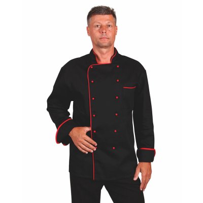 TDX Rondon pánský dvouřadý, BA, dlouhý rukáv, VS182, černý/červený lem - Pánský kuchařský rondon, dvouřadý, černý