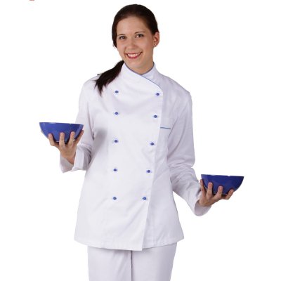 TDX Rondon dámský dvouřadý, BA, VS170, bílý/světle modrý lem - Dámský kuchařský rondon, bílý