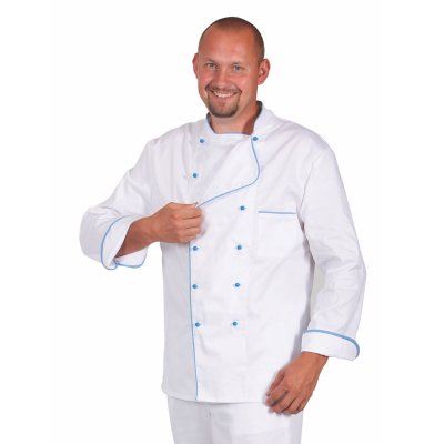 TDX Rondon pánský dvouřadý, BA, dlouhý rukáv, VS182, bílý/světle modrý lem - Pánský kuchařský rondon dvouřadý, bílý