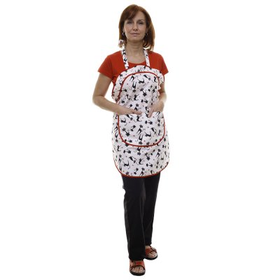 TDX Zástěra dámská s náprsenkou, BA, VS 170, potisk kočky/červený lem - Dámská zástěra s potiskem - kočky