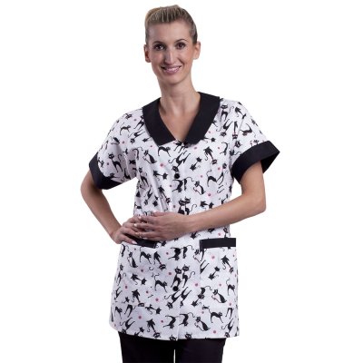 TDX Halena dámská propínací, BA, černobílý potisk/černé kočky - Dámská pracovní halena s potiskem