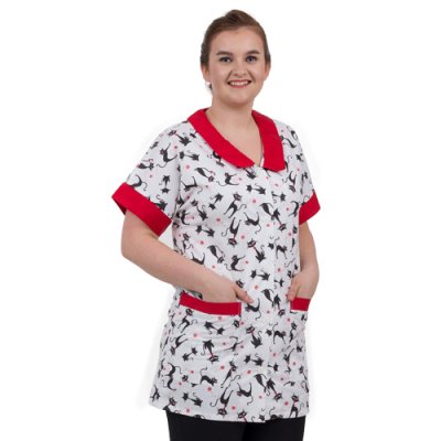 TDX Halena dámská propínací, BA, černobílý potisk/červené kočky - Dámská halena 0289 - červená