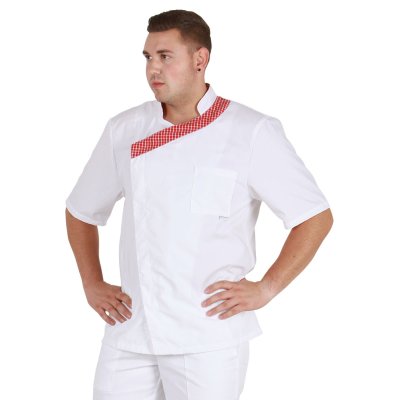 TDX Rondon pánský dvouřadý PAVEL, BA/PES, krátký rukáv,VS182, bílý/ červená kostka - Pánský kuchařský rondon, bílo-červený