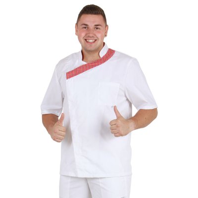 TDX Rondon pánský dvouřadý PAVEL, BA/PES, krátký rukáv,VS182, bílý/ červená kostka - Pánský kuchařský rondon, bílo-červený