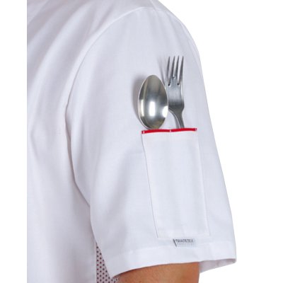 Rondon pán. dvouřadý, kr.rukáv, 3401 ZDENO, rond.knofl., síto v bocích,BA/PES 220, VS182 bílá/červen - Pánský kuchařský rondon PAVEL - kapsička