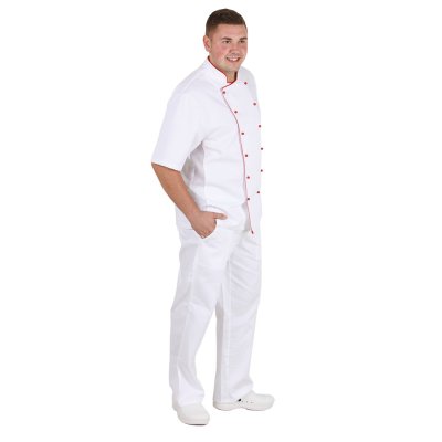 Rondon pán. dvouřadý, kr.rukáv, 3401 ZDENO, rond.knofl., síto v bocích,BA/PES 220, VS182 bílá/červen - Pánský kuchařský rondon PAVEL - bílý