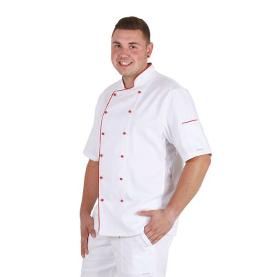 Rondon pán. dvouřadý, kr.rukáv, 3401 ZDENO, rond.knofl., síto v bocích,BA/PES 220, VS182 bílá/červen - Pánský kuchařský rondon PAVEL - bílý