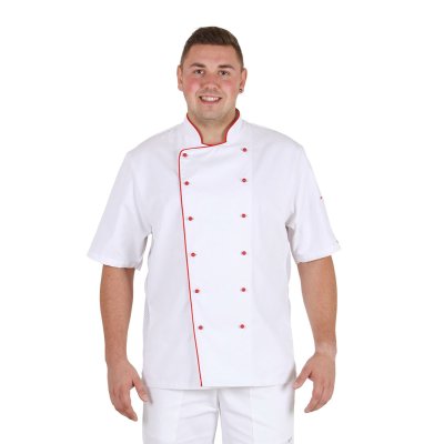 Rondon pán. dvouřadý, kr.rukáv, 3401 ZDENO, rond.knofl., síto v bocích,BA/PES 220, VS182 bílá/červen - Pánský kuchařský rondon PAVEL - bílý