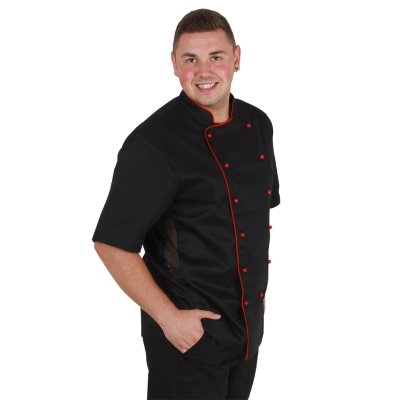 Rondon pán. dvouřadý, kr.rukáv, 3401 ZDENO, rond.knofl., síto v bocích,BA 200, VS182, černý/červ.výp - Pánský kuchařský rondon PAVEL, černý