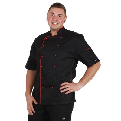 Rondon pán. dvouřadý, kr.rukáv, 3401 ZDENO, rond.knofl., síto v bocích,BA 200, VS182, černý/červ.výp - Pánský kuchařský rondon PAVEL, černý