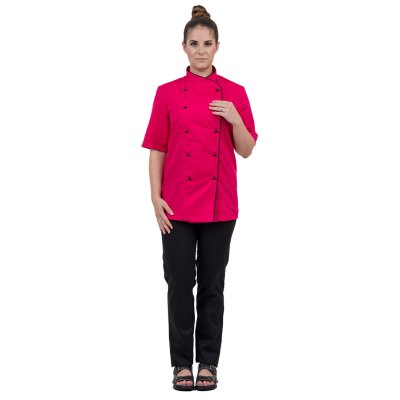 TDX Rondon dámský dvouřadý, BA/PES, krátky rukáv, VS170, tmavě růžový/černá výpustka - Dámský kuchařský rondon 0409, krátký rukáv, růžový