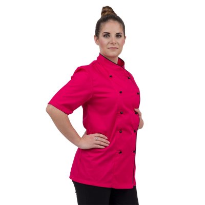 TDX Rondon dámský dvouřadý, BA/PES, krátky rukáv, VS170, tmavě růžový/černá výpustka - Dámský kuchařský rondon 0409, krátký rukáv, růžový