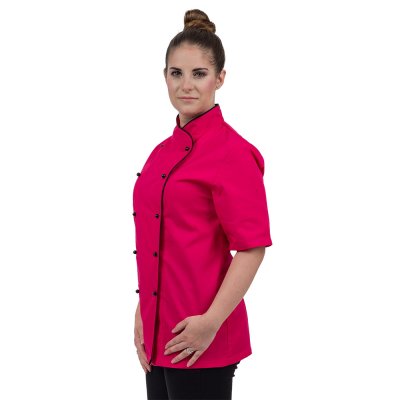 TDX Rondon dámský dvouřadý, BA/PES, krátky rukáv, VS170, tmavě růžový/černá výpustka - Dámský kuchařský rondon 0409, krátký rukáv, růžový
