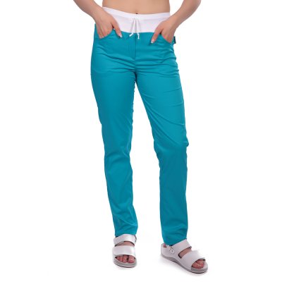 Kalhoty dám.prac.pas.,2450,MATYLDA, pas úplet s tkanicí,BA/PES Elas.165,VS168,tyrkys active/bílý - Dámské kalhoty MATYLDA, tyrkysové