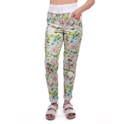 Kalhoty dám. BEATA, 2451,úplet s tkanicí,nohavice do manžety, BA/Elas 190,VS168, KVĚT.POLE/bílý úpl - Dámské kalhoty BEATA, květ