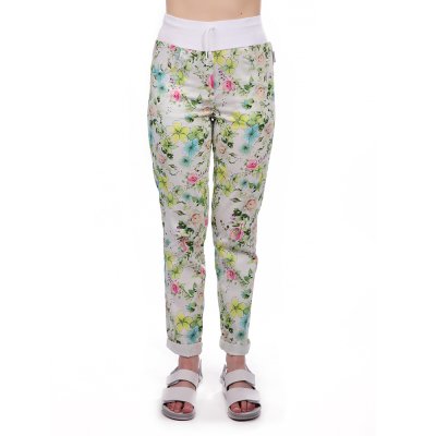 Kalhoty dám. BEATA, 2451,úplet s tkanicí,nohavice do manžety, BA/Elas 190,VS168, KVĚT.POLE/bílý úpl - Dámské kalhoty BEATA, květ