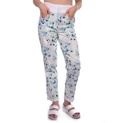 Kalhoty dám. BEATA, 2451,úplet s tkanicí,nohavice do manžety, BA/Elas 190,VS168, malé listy/bílý úpl - Kalhoty dám. BEATA