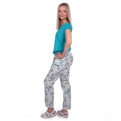 Kalhoty dám. BEATA, 2451,úplet s tkanicí,nohavice do manžety, BA/Elas 190,VS168, malé listy/bílý úpl